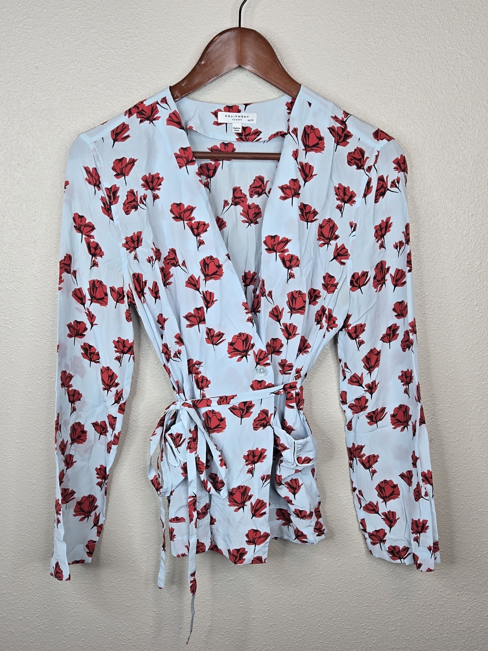 Equipment Femme Silk Red Floral Wrap Blouse in Light Blue Size XS